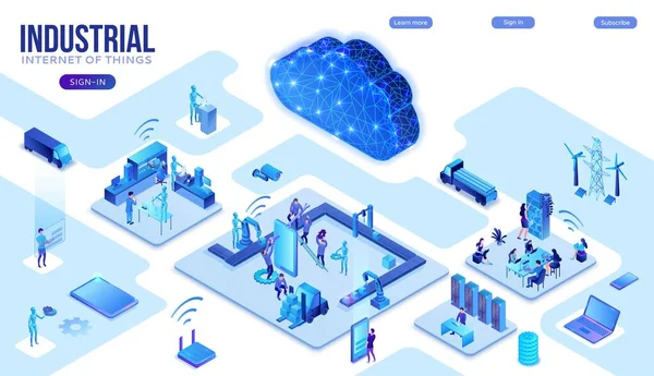 Internet industrial das coisas ilustração infográfica, conceito de néon azul com fábrica, central elétrica, ícone isométrico 3D em nuvem, sistema de transporte inteligente, máquinas de mineração, proteção de dados —  Vetores de Stock