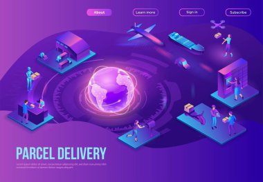 Küresel dağıtım servisi iniş sayfası, paket teslim süreci ile illüstrasyon, kamyonlar ve kutularla depo, araba ile sevkiyat, deniz taşımacılığı, insanlar kurye ile mal alıyorlar, İHA ile.