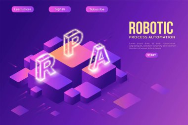 Robotik işlem otomatik iniş sayfası şablonu verilerle çalışan robotlar, silah taşıma dosyaları, web sitelerinden bilgi ayıklama, dijital teknoloji servisi, 3d izometrik vektör çizimi