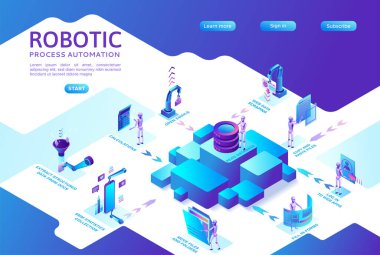 Veri ile çalışan robotlarla robot işlem otomasyon konsepti, silah taşıma dosyaları, web sitelerinden bilgi ayıklama, dijital teknoloji servisi, 3d izometrik vektör çizimi