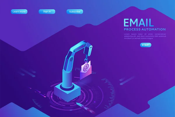 Email robotic automation, robotic arm holding message, analysis of documents, kpi analytics, digital technology in finance, 3d isometric illustration, purple background, website template — Stock Vector
