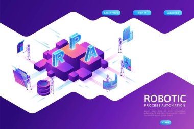 Robotik işlem otomatik iniş sayfası şablonu verilerle çalışan robotlar, silah taşıma dosyaları, web sitelerinden bilgi ayıklama, dijital teknoloji servisi, 3d izometrik vektör çizimi
