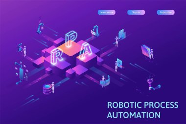 Veri ile çalışan robotlarla robot işlem otomasyon konsepti, silah taşıma dosyaları, web sitelerinden bilgi ayıklama, dijital teknoloji servisi, 3d izometrik vektör çizimi