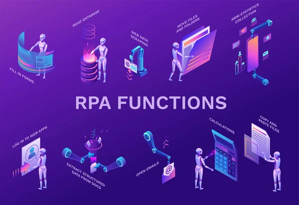 机器人过程自动化元件集，机器人处理数据、手臂移动文件、从网站中提取信息、数字技术服务、 3D等距矢量图解 — 图库矢量图片