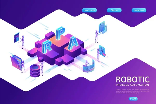 Automatyzacja procesu roboczego szablon strony lądowania z robotami pracującymi z danymi, przenoszącymi broń pliki, pobierającymi informacje ze stron internetowych, cyfrowy serwis technologiczny, ilustracja wektora izometrycznego 3D — Wektor stockowy