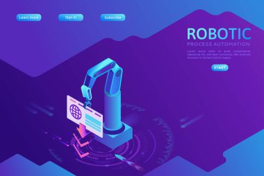 Robotik işlem otomatik iniş sayfası şablonu verilerle çalışan robotlar, silah taşıma dosyaları, web sitelerinden bilgi ayıklama, dijital teknoloji servisi, 3d izometrik vektör çizimi