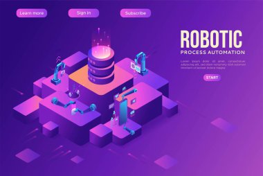 Veri ile çalışan robotlarla robot işlem otomasyon konsepti, silah taşıma dosyaları, web sitelerinden bilgi ayıklama, dijital teknoloji servisi, 3d izometrik vektör çizimi