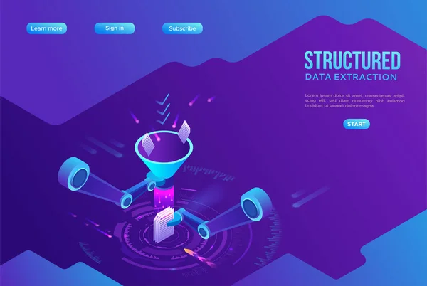 Gestructureerde data-extractie, robotarm analyseren diagram, kpi analytics, digitale technologie in de financiën, trechter, kunstmatige intelligentie concept, groot onderzoek isometrische illustratie, 3d achtergrond — Stockvector