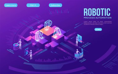 Robotik işlem otomatik iniş sayfası şablonu verilerle çalışan robotlar, silah taşıma dosyaları, web sitelerinden bilgi ayıklama, dijital teknoloji servisi, 3d izometrik vektör çizimi