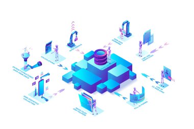 Veri ile çalışan robotlarla robot işlem otomasyon konsepti, silah taşıma dosyaları, web sitelerinden bilgi ayıklama, dijital teknoloji servisi, 3d izometrik vektör çizimi