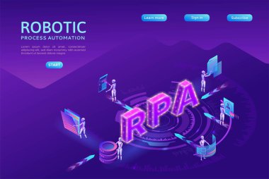 Robotik işlem otomatik iniş sayfası şablonu verilerle çalışan robotlar, silah taşıma dosyaları, web sitelerinden bilgi ayıklama, dijital teknoloji servisi, 3d izometrik vektör çizimi