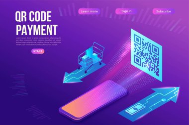 Telefon okuma etiketli QR kod ödeme izometrik iniş sayfası, akıllı telefon tarama etiketi, çevrimiçi ödeme kavramı, mobil uygulamanın 3d vektör çizimi