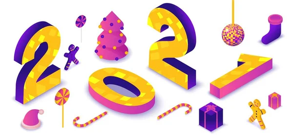 2021 Изометрические Буквы Типографические Номера Счастливая Новогодняя Иллюстрация Рождественский Праздничный — стоковый вектор