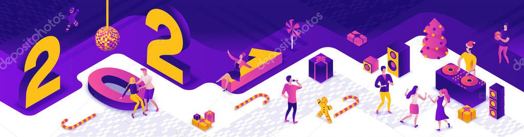 Isometric illustration of 2021 new year dance party, dj playing disco at night event, holiday banner, gift icon, happy people enjoy music, 3d vector purple background