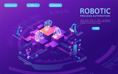 Veri ile çalışan robotlarla robot işlem otomasyon konsepti, silah taşıma dosyaları, web sitelerinden bilgi ayıklama, dijital teknoloji servisi, 3d izometrik vektör çizimi