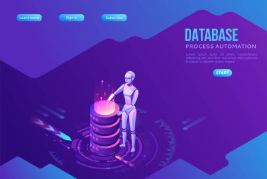Robotik işlem otomatik iniş sayfası şablonu robotlar ve veritabanı, robot tutucu silindirler, web sitelerinden bilgi ayıklama, dijital teknoloji servisi, 3d izometrik vektör çizimi