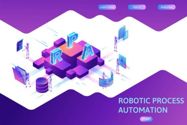 Veri ile çalışan robotlarla robot işlem otomasyon konsepti, silah taşıma dosyaları, web sitelerinden bilgi ayıklama, dijital teknoloji servisi, 3d izometrik vektör çizimi