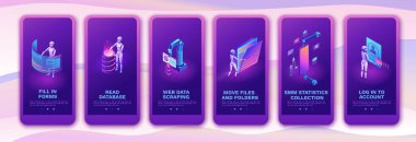 Robotik işlem mobil uygulama şablonu veri ile çalışan robotlar, silah taşıma dosyaları, bilgi ayıklama, dijital teknoloji servisi, 3d izometrik vektör çizimi