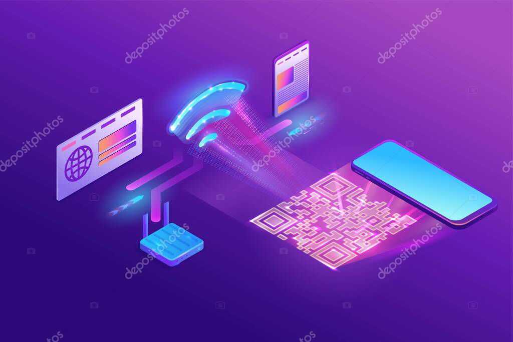 Wi fi network join by QR code, wireless technology connection with computer, smartphone and laptop, 3s isometric infographic vector illustration, purple gradient concept