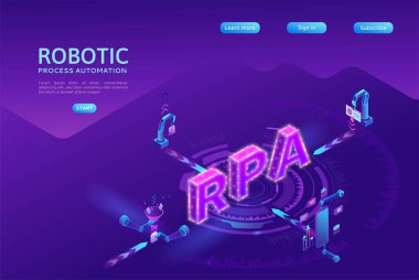 Veri ile çalışan robotlarla robot işlem otomasyon konsepti, silah taşıma dosyaları, web sitelerinden bilgi ayıklama, dijital teknoloji servisi, 3d izometrik vektör çizimi