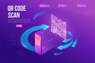 Telefon okuma etiketli QR kod izometrik bilgi grafikleri, akıllı telefon tarama etiketi, çevrimiçi ödeme konsepti, mobil uygulamanın 3d vektör çizimi