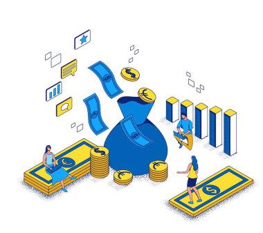 Reklam harcamaları kavramının geliri, pazarlama kampanyasının geri dönüş yatırımı 3D izometrik illüstrasyon, iş adamları reklam raporunu analiz ediyor, finansal başarı geçmişi