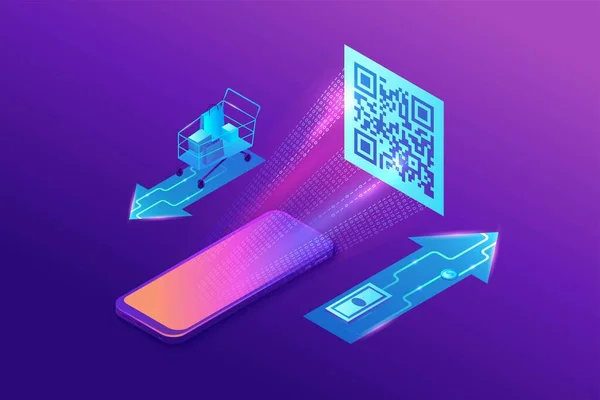 Código QR pay isometric infographics with phone reading tag, smartphone scan label, online payment concept, 3d vector illustration of mobile application — Vector de stock
