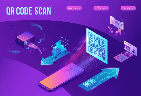 Escaneo de código QR infografías isométricas con pago por teléfono, inicio de sesión en el teléfono inteligente, genera URL del sitio web, concepto de pago en línea, ilustración vectorial 3d de la aplicación móvil — Vector de stock