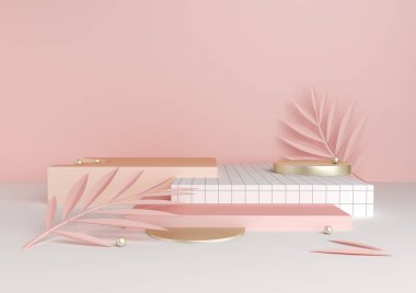 şık, modern tarzda tropikal yaprakları ile 3D render pembe ve altın platformu. En az geometrik arka plan. Sosyal medya için banner alay. Soyut Kompozisyon geometrik şekiller.