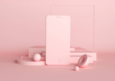 Soyut geometrik arka planda pembe renk. Modern smartphone içinde 3d render illüstrasyon kavramı. Moda ve trendy mockup küreler ve küpleri ile. Tasarım sunum için boş alan.
