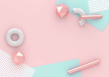 geometrik öğelerle 3D render kaotik kompozisyon. Kağıt, tüpler, torus sosyal medya afiş ve tanıtımı için pastel arka plan üzerinde. Mavi, pembe ve beyaz renkler moda tasarım.