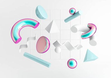 3D render gerçekçi ilkel kompozisyon. Beyaz arka plan üzerinde izole hareket şekillerde uçan. Abstract Tema trendy tasarımlar için. Küreler, koniler holografik ve beyaz renklerde torus, tüpler.