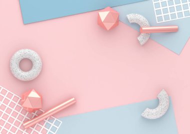 geometrik şekiller elemanları ile 3D render kaotik kompozisyon. Kağıt, tüpler, torus sosyal medya afiş ve tanıtımı için pastel arka plan üzerinde. Mavi, pembe ve beyaz renkler moda tasarım.