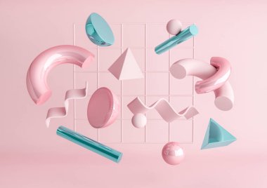 3D render gerçekçi ilkel kompozisyon. Uçan şekilleri, pembe arka plan izole hareket. Abstract Tema trendy tasarımlar için. Küreler, koniler metalik mavi ve pembe renklerde torus, tüpler.