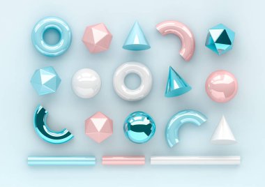 Mavi arka plan üzerinde gerçekçi ilkel render 3D koymak. İzole grafik öğeleri. Küreler, torus, tüpler, koni ve diğer geometrik şekiller trendy tasarımlar için mavi metalik ve beyaz renklerde.