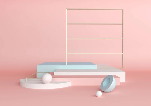 3D render soyut kompozisyon. Geometrik şekiller için ürün tanıtımı veya mockup pembe arka plan üzerinde. Minimalist ve modern tasarım platformları ile küpleri, küreler ve metalik kılavuz.
