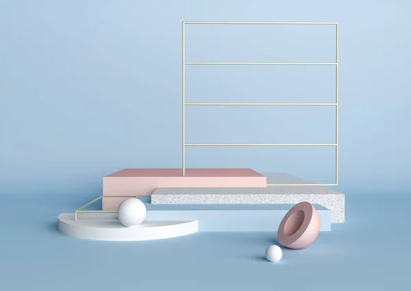 3D render soyut kompozisyon. Ürün tanıtımı veya mockup için mavi arka plan üzerinde geometrik şekiller. Minimalist ve modern tasarım platformları ile küpleri, küreler ve metalik kılavuz.