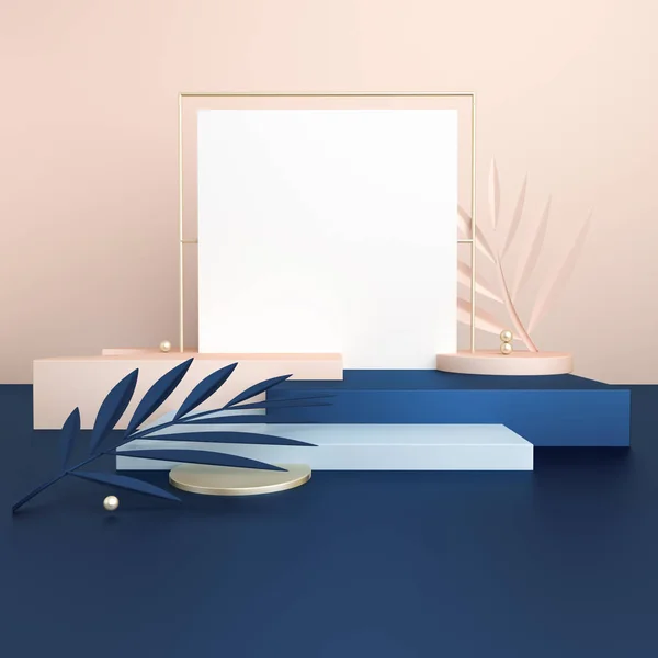 3D render koyu mavi ve bej platformları ile şık, modern tarzda tropikal yaprak. En az geometrik arka plan. Sosyal medya için banner kadar alay Meydanı. Soyut Kompozisyon geometrik şekiller.