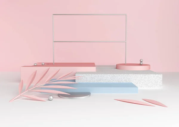şık, modern tarzda tropikal yaprakları ile 3D render pembe ve altın platformları. En az geometrik arka plan. Ürün sunumunda kullanılacak afiş kadar alay et. Soyut Kompozisyon geometrik şekiller.