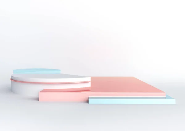 geometrik şekillerle 3D render illüstrasyon. Pastel platformlar ürün sunumunda kullanılacak renk. Modern tarzda soyut kompozisyon. Boş alan içeren minimal tasarım.