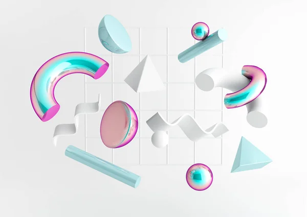 3D render gerçekçi ilkel kompozisyon. Beyaz arka plan üzerinde izole hareket şekillerde uçan. Abstract Tema trendy tasarımlar için. Küreler, koniler holografik ve beyaz renklerde torus, tüpler.