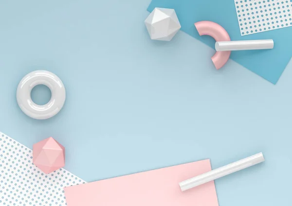 geometrik şekiller elemanları ile 3D render kaotik kompozisyon. Kağıt, tüpler, torus sosyal medya afiş ve tanıtımı için pastel arka plan üzerinde. Mavi, pembe ve beyaz renkler moda tasarım.