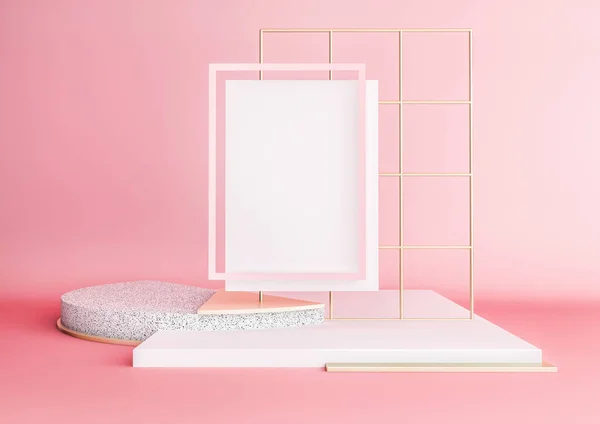 geometrik şekillerle 3D render illüstrasyon. Pastel platformlar ürün sunumunda kullanılacak renk. Beyaz kağıt poster mockup. Modern tarzda soyut kompozisyon. Boş alanı ile minimalist tasarımı.