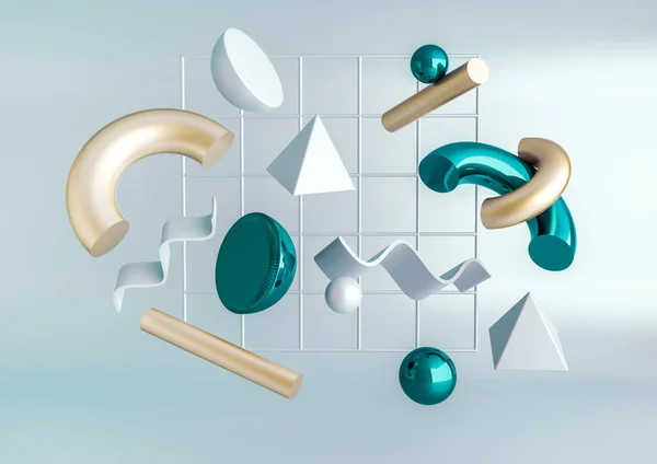 3D render gerçekçi ilkel kompozisyon. Uçan şekiller üzerinde mavi arka plan izole hareket. Abstract Tema trendy tasarımlar için. Torus, tüpler küreler, koniler metalik turkuaz ve altın renkleri.
