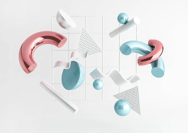 3D render gerçekçi ilkel kompozisyon. Beyaz arka plan üzerinde izole hareket şekillerde uçan. Abstract Tema trendy tasarımlar için. Küreler, koniler metalik mavi ve pembe renklerde torus, tüpler.