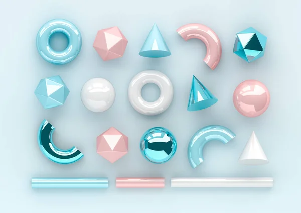 Mavi arka plan üzerinde gerçekçi ilkel render 3D koymak. İzole grafik öğeleri. Küreler, torus, tüpler, koni ve diğer geometrik şekiller trendy tasarımlar için mavi metalik ve beyaz renklerde.