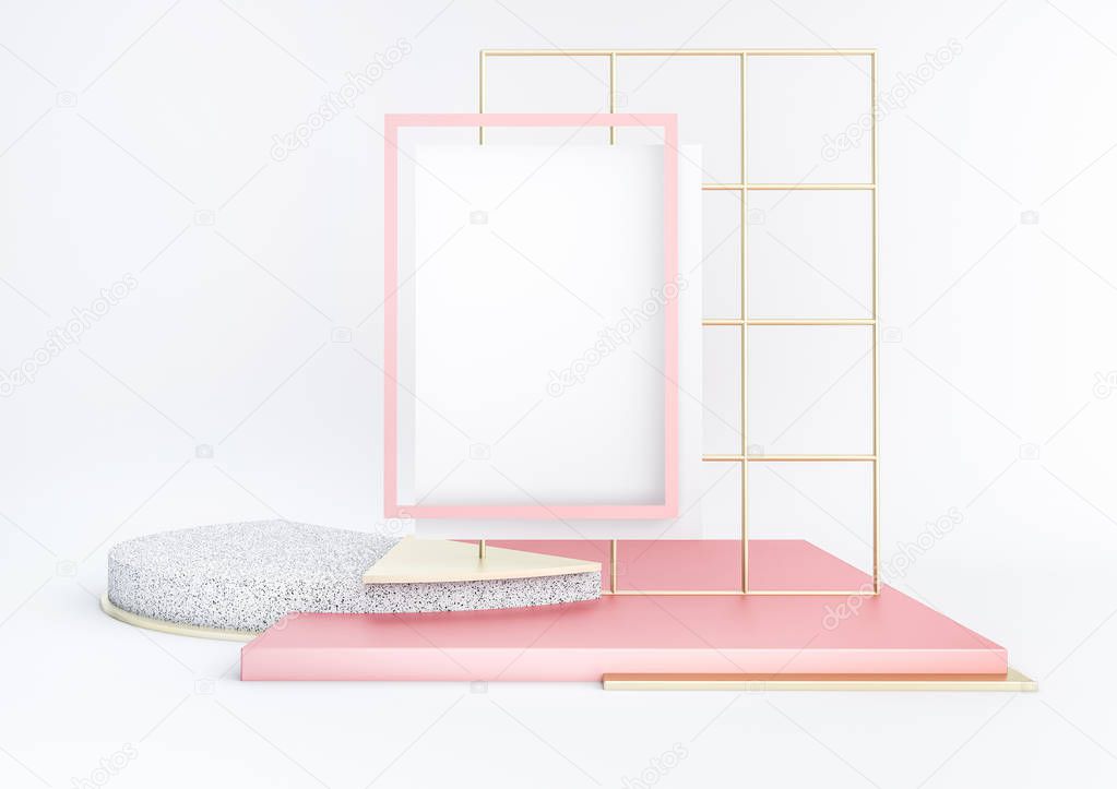 3d rendered illustration with geometric shapes. Pastel colors platforms for product presentation. White paper poster mockup. Abstract composition in modern style. Minimalist design with empty space.