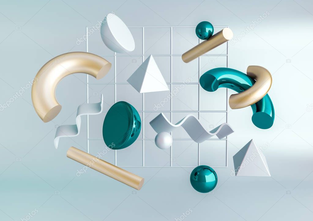 3d render realistic primitives composition. Flying shapes in motion isolated on blue background. Abstract theme for trendy designs. Spheres, torus, tubes, cones in metallic turquoise and gold colors.