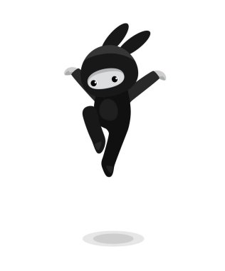 Beyaz arka plan üzerinde izole sevimli tavşan ninja atlama 