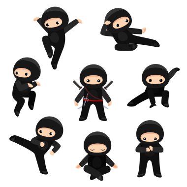Set of cute ninjas in various poses isolated on white background clipart